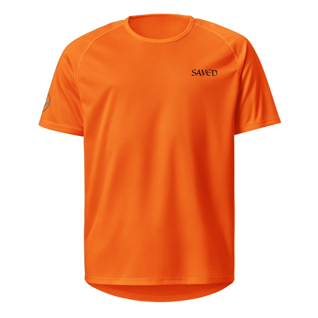 Orange t-shirt with 'SAVED' logo on a white background