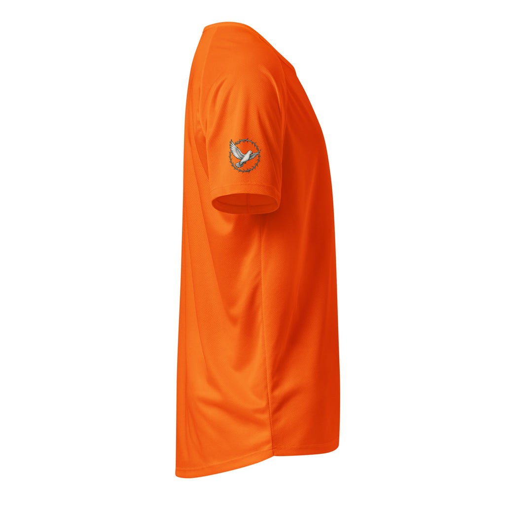 Orange t-shirt with a logo on the sleeve against a white background