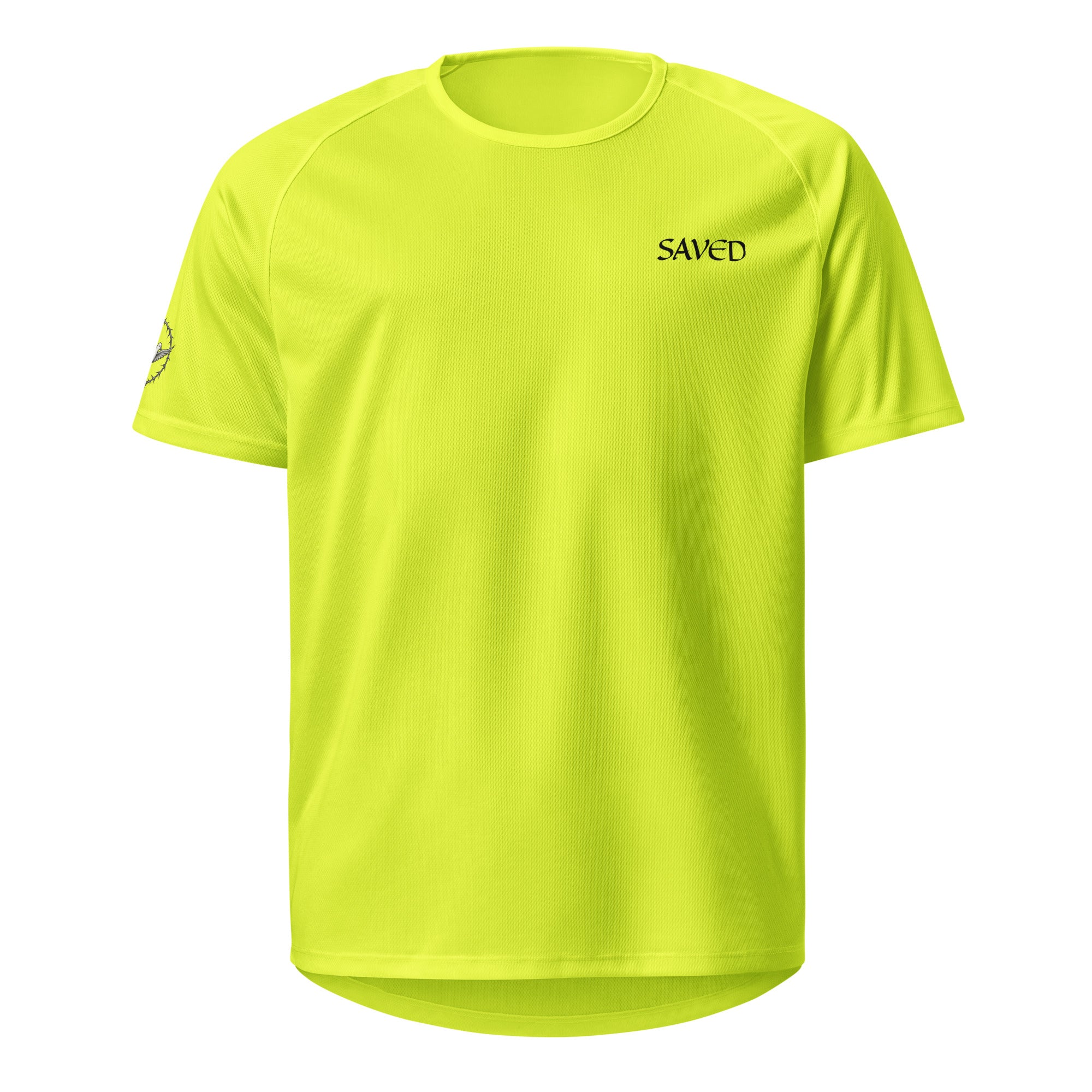 Bright yellow t-shirt with 'SAVED' logo on a white background