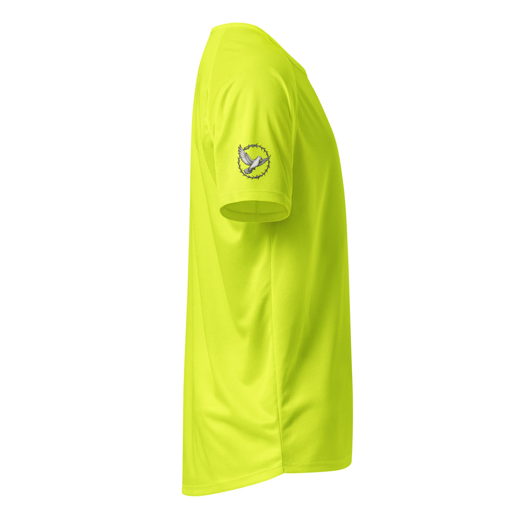 Bright yellow t-shirt with a logo on the sleeve against a white background