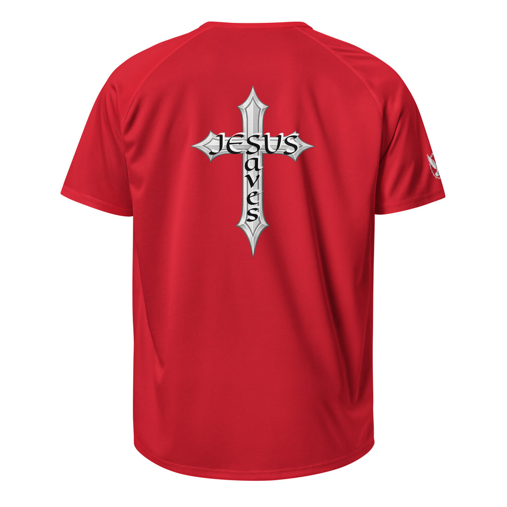 Red t-shirt with a cross design and 'Jesus Saves' text on the back against a white background