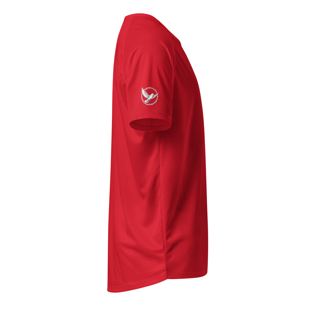 Red t-shirt with a logo on the sleeve against a white background