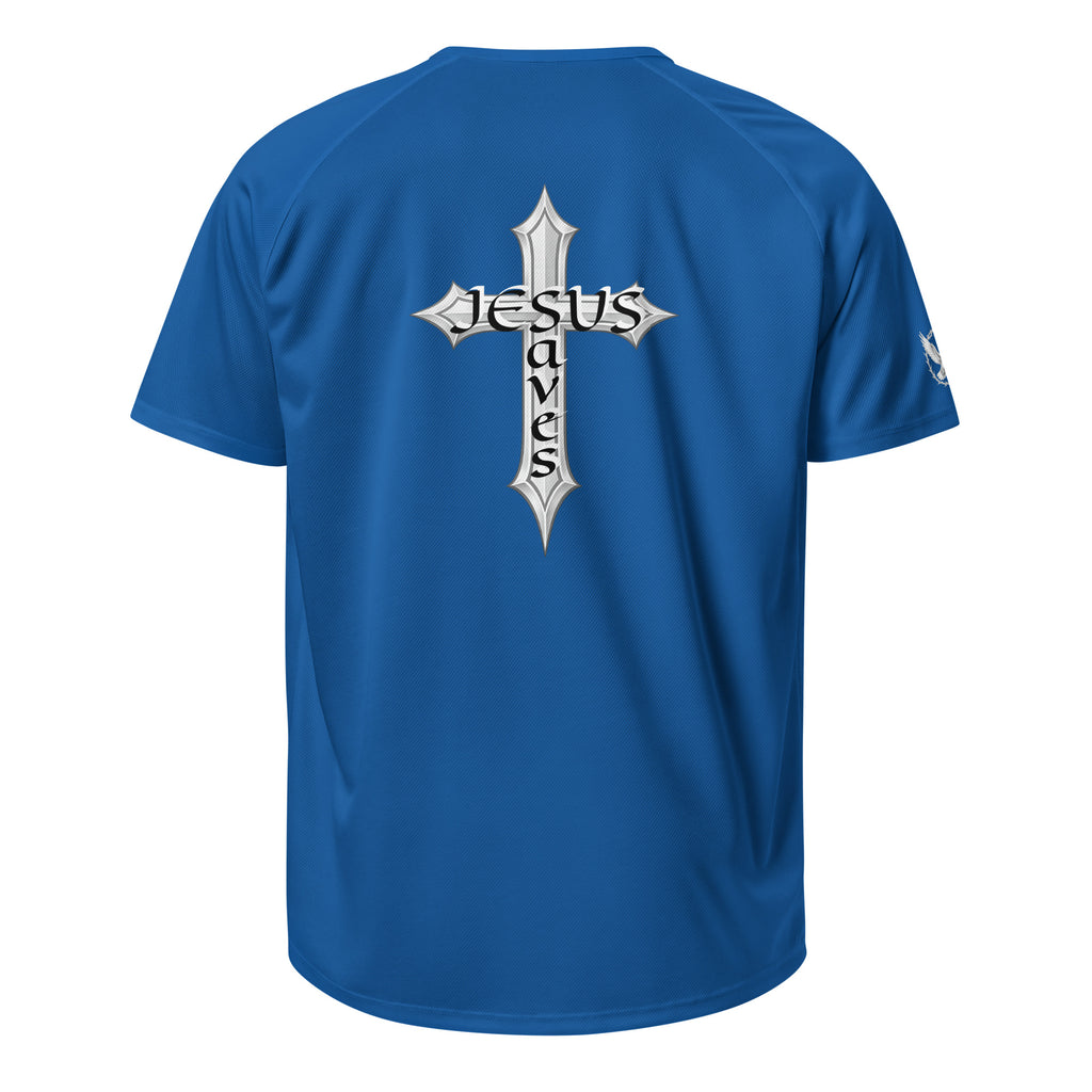 Blue t-shirt with a cross and 'Jesus Saves' text on the back against a white background