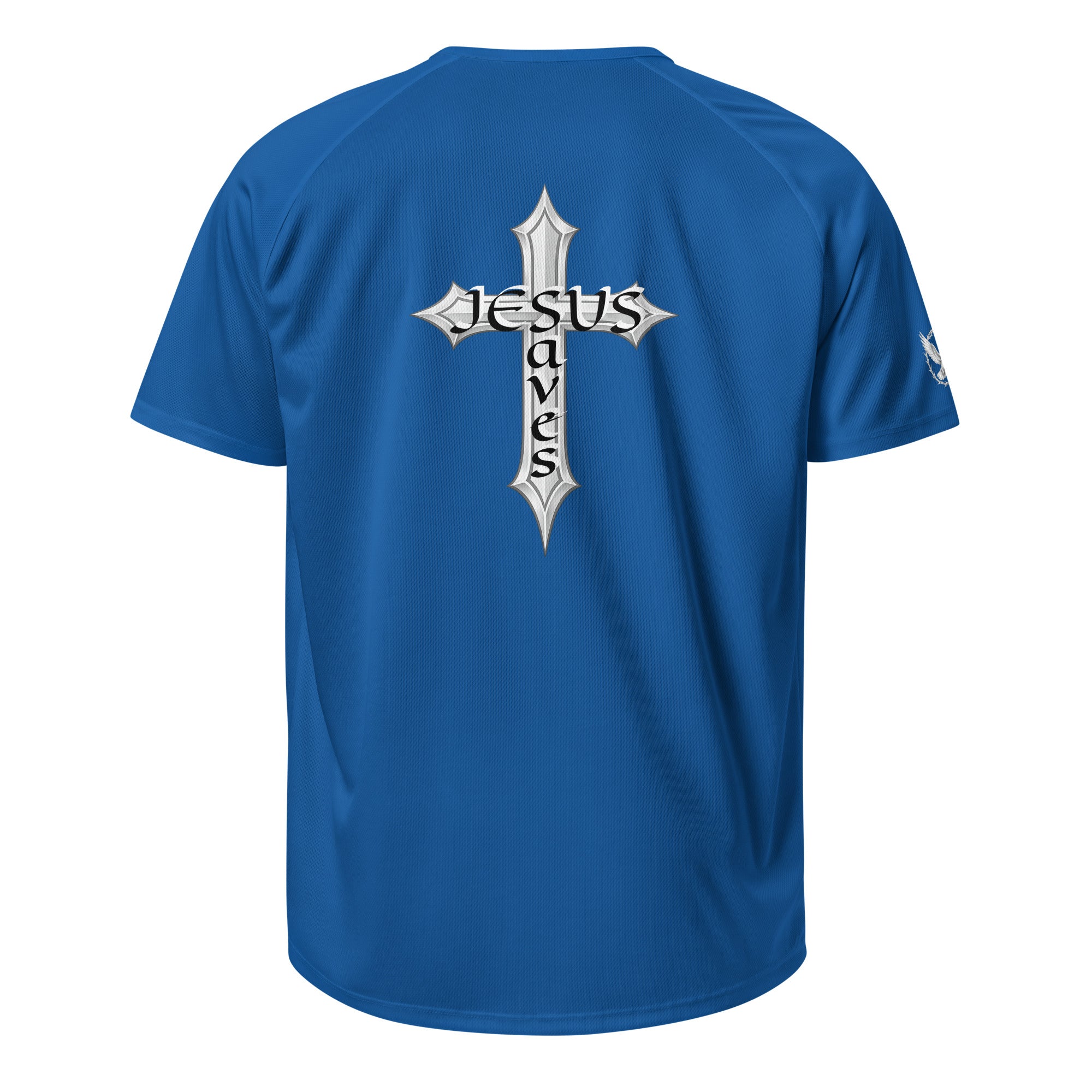 Blue t-shirt with a cross and 'Jesus Saves' text on the back against a white background