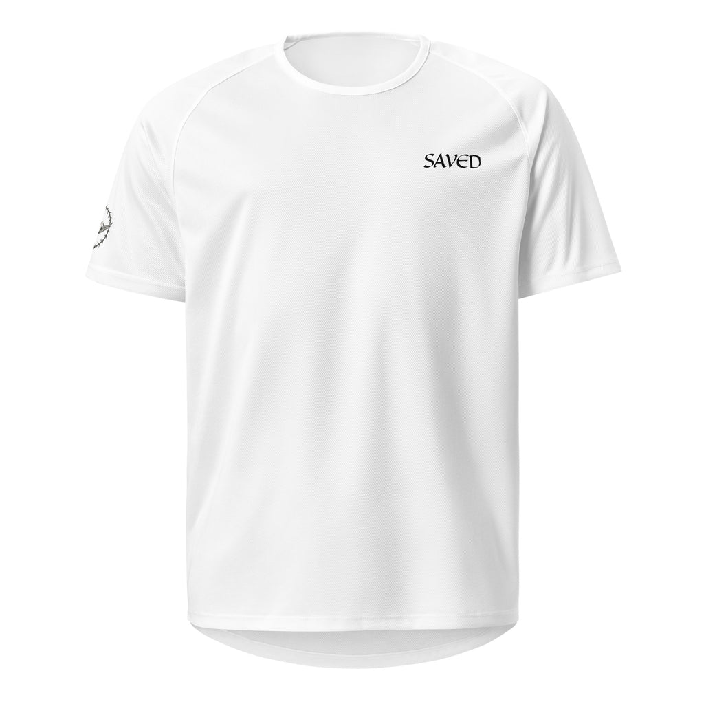 White t-shirt with 'SAVED' text on a white background