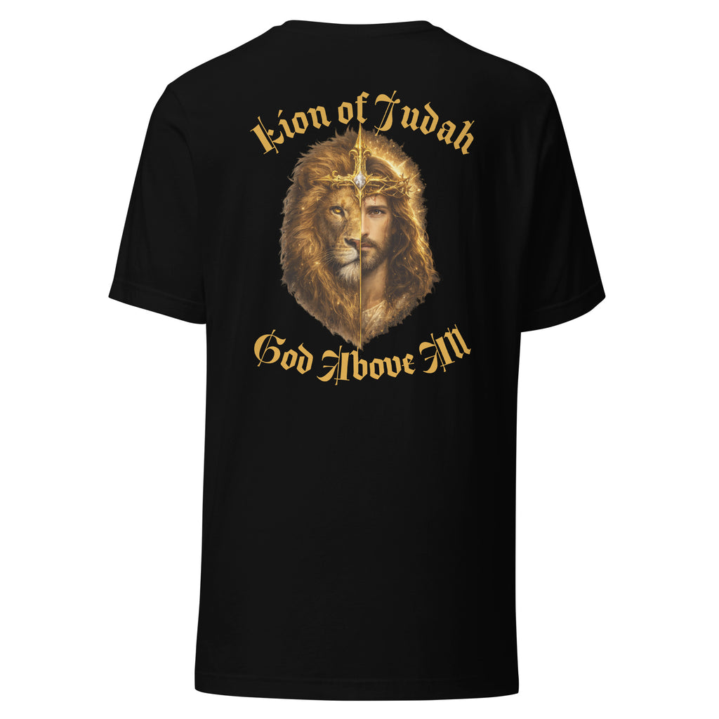 black t-shirt with a lion graphic and text on the back that reads, "lion of Judah, God above all." against a white background
