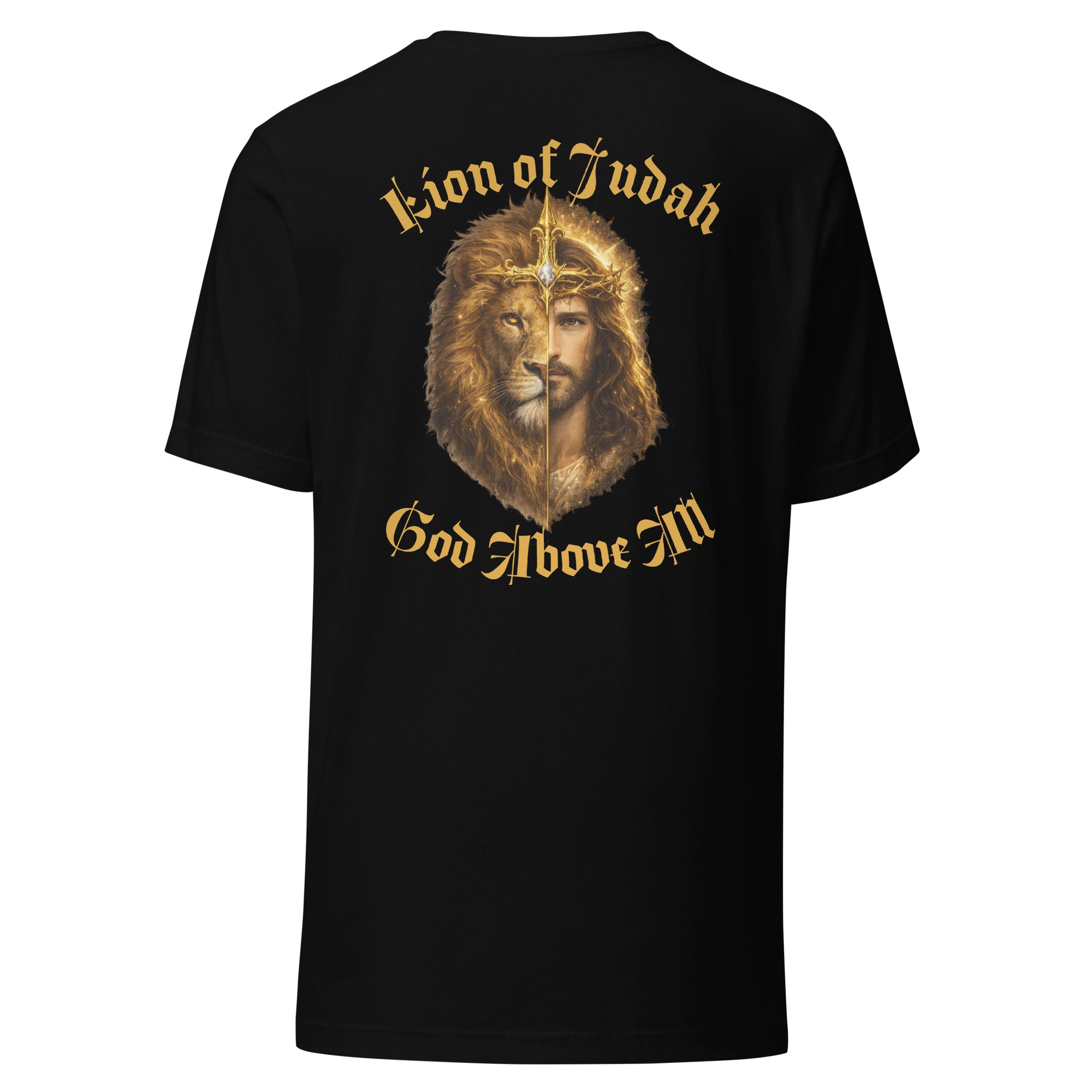 black t-shirt with a lion graphic and text on the back that reads, "lion of Judah, God above all." against a white background