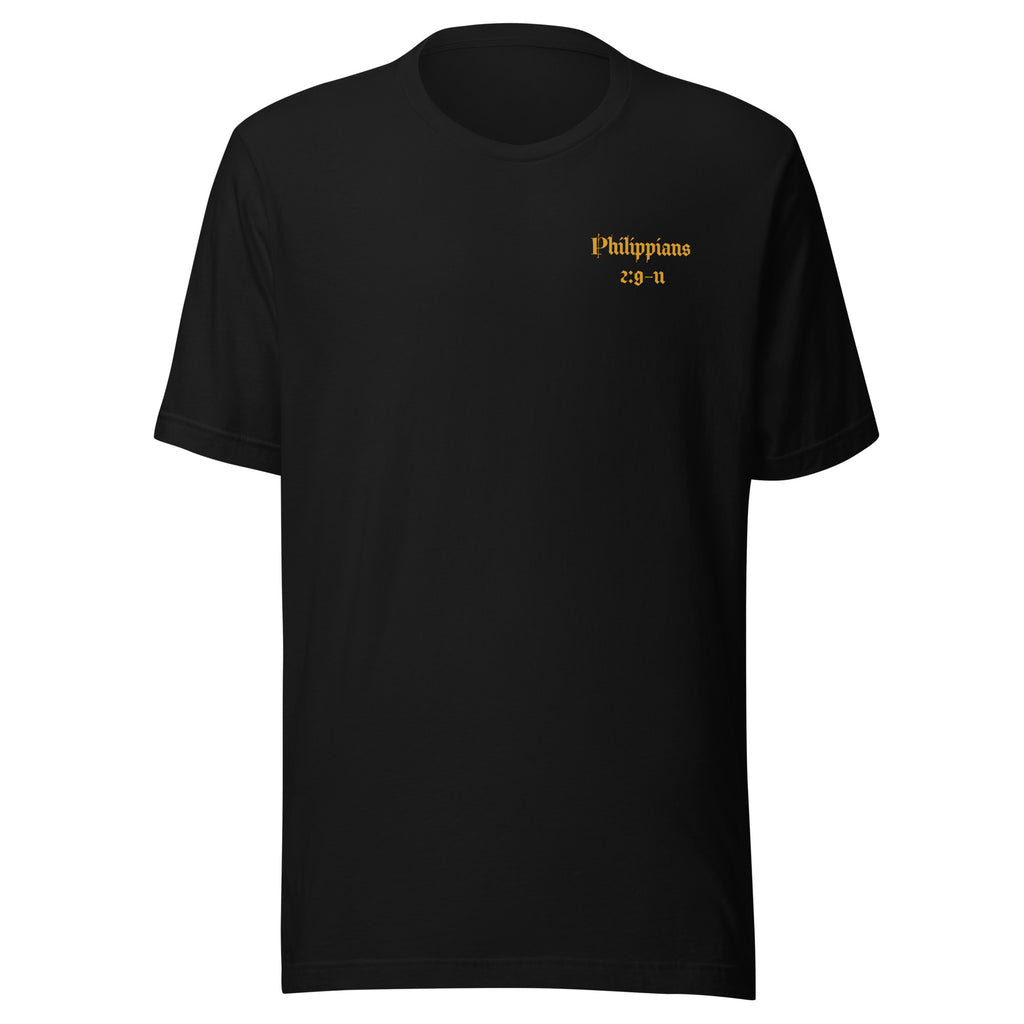 black t-shirt with yellow text that reads "Philippians 2:9-11" on a white background