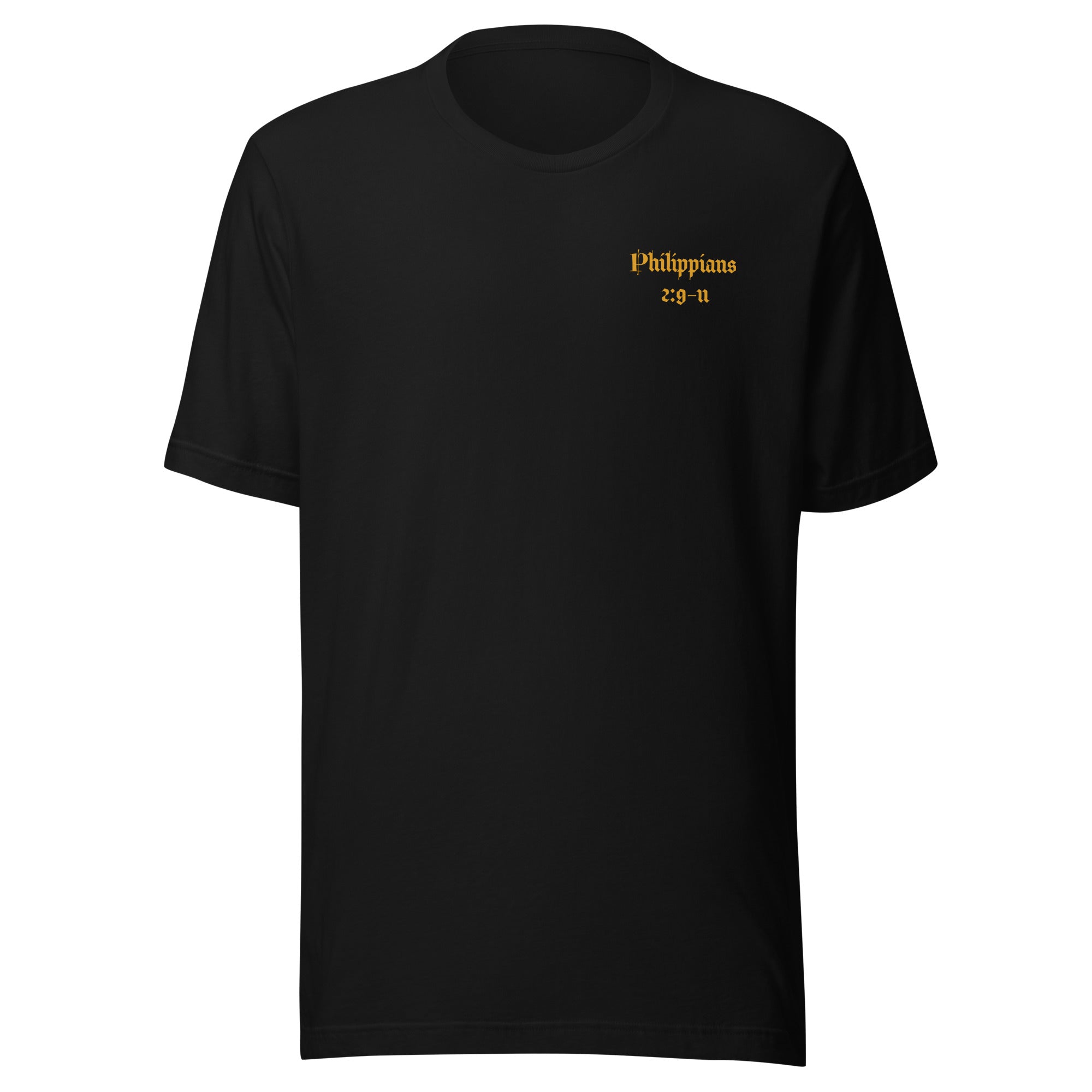 black t-shirt with yellow text that reads "Philippians 2:9-11" on a white background