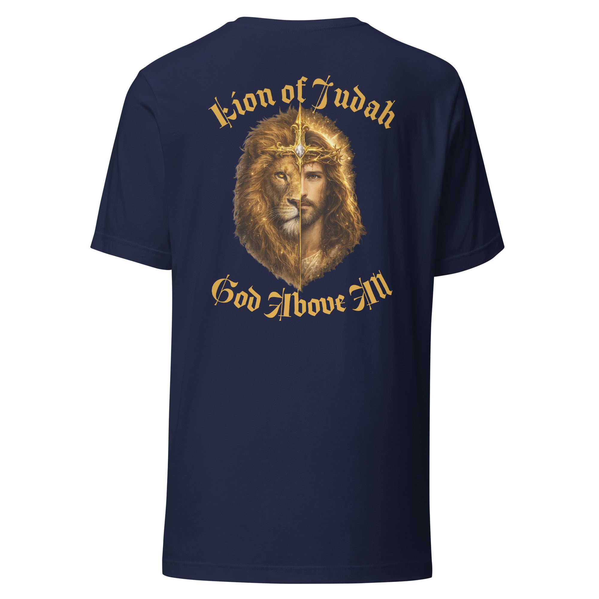 Navy blue t-shirt with a lion graphic and text on the back that reads, "lion of Judah, God above all." against a white background