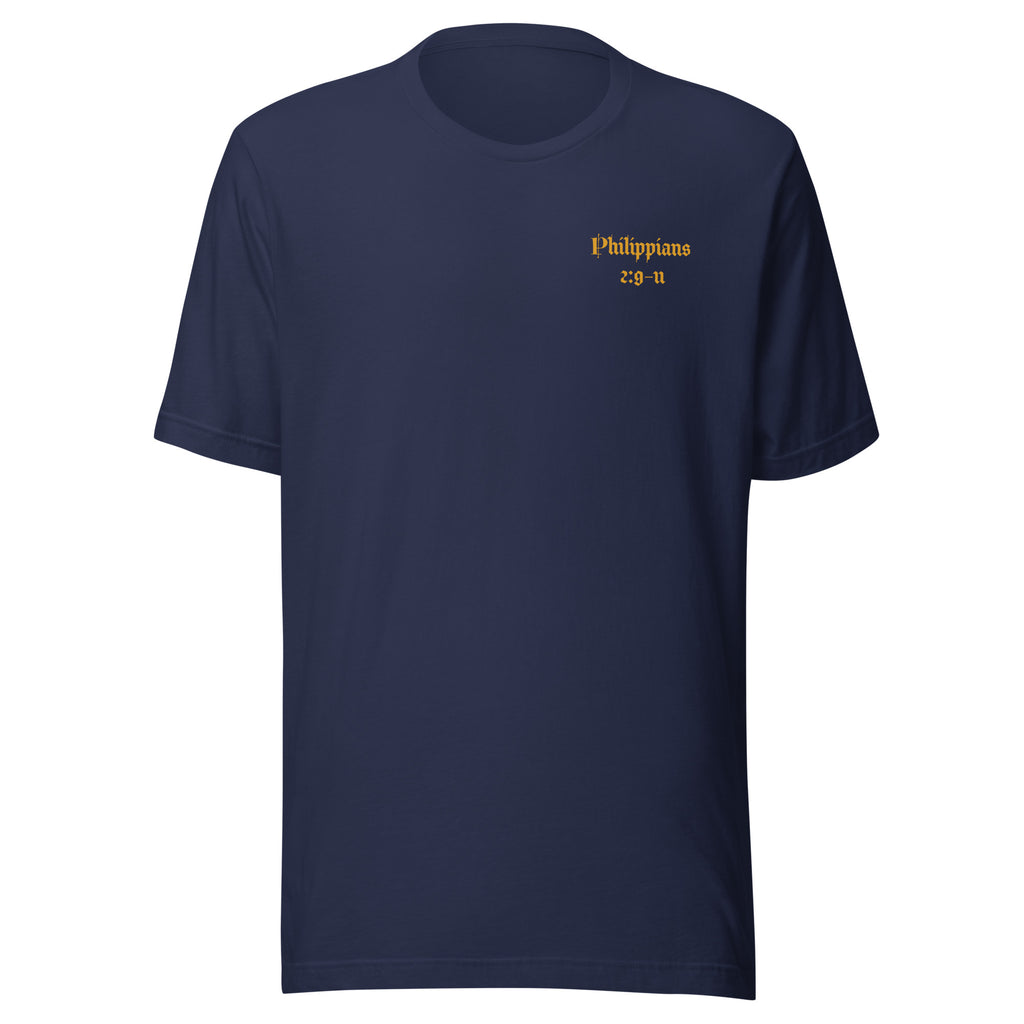 Navy blue t-shirt with yellow text that reads "Phillipians 2:9-11" on a white background