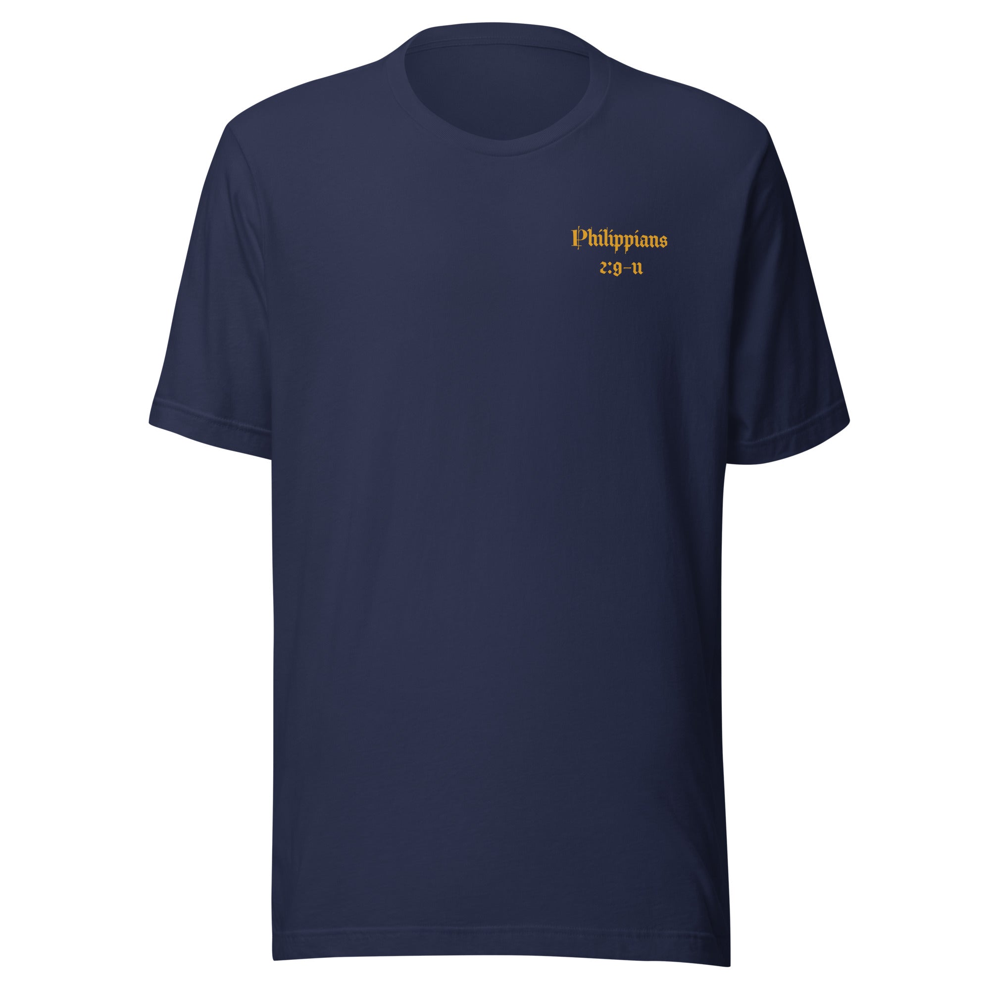 Navy blue t-shirt with yellow text that reads "Phillipians 2:9-11" on a white background