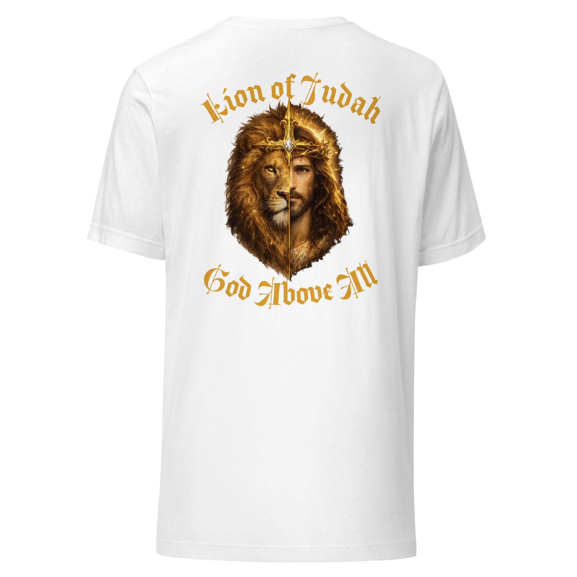 white t-shirt with a lion graphic and text on the back that reads, "lion of Judah, God above all." against a white background