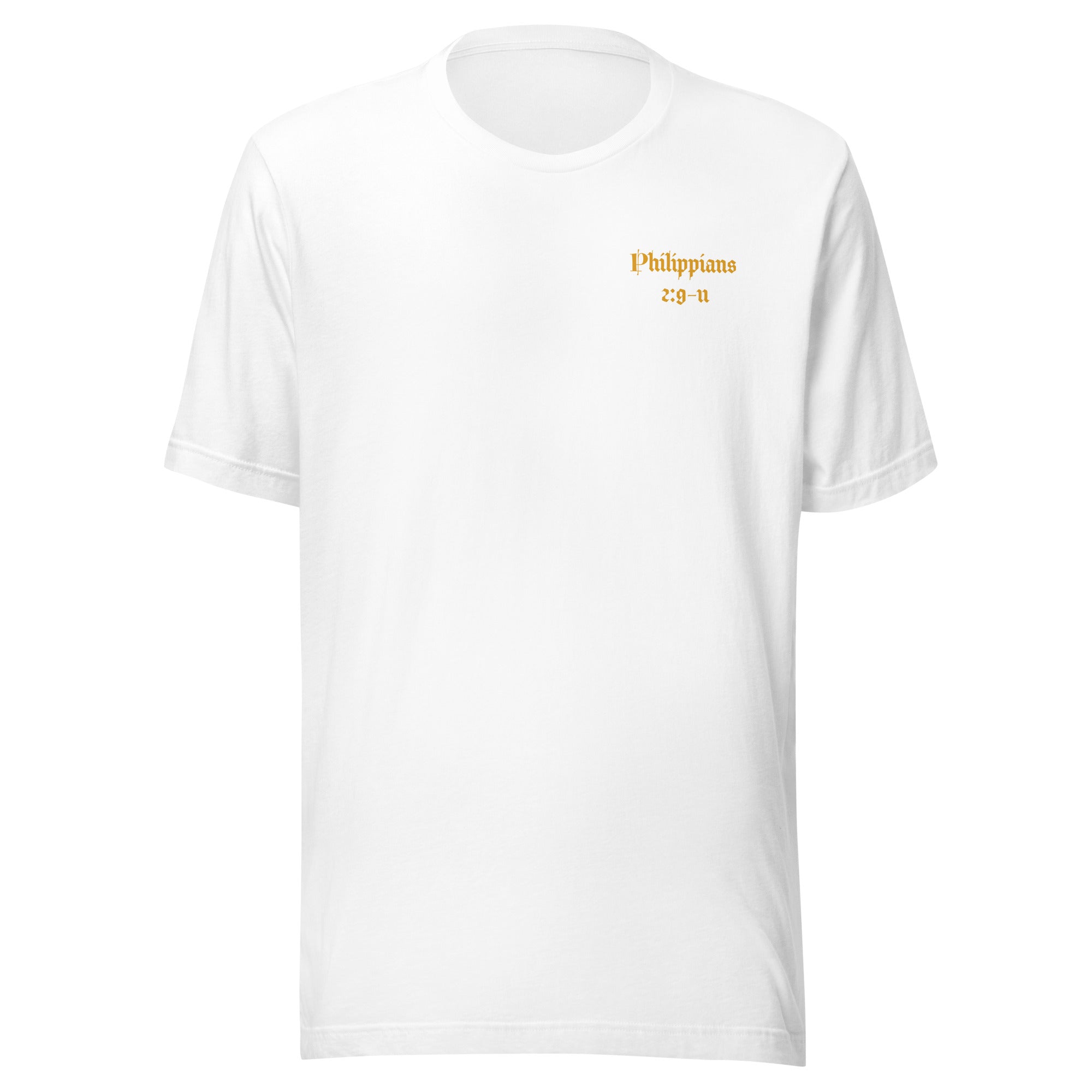 white t-shirt with yellow text that reads "Philippians 2:9-11" on a white background