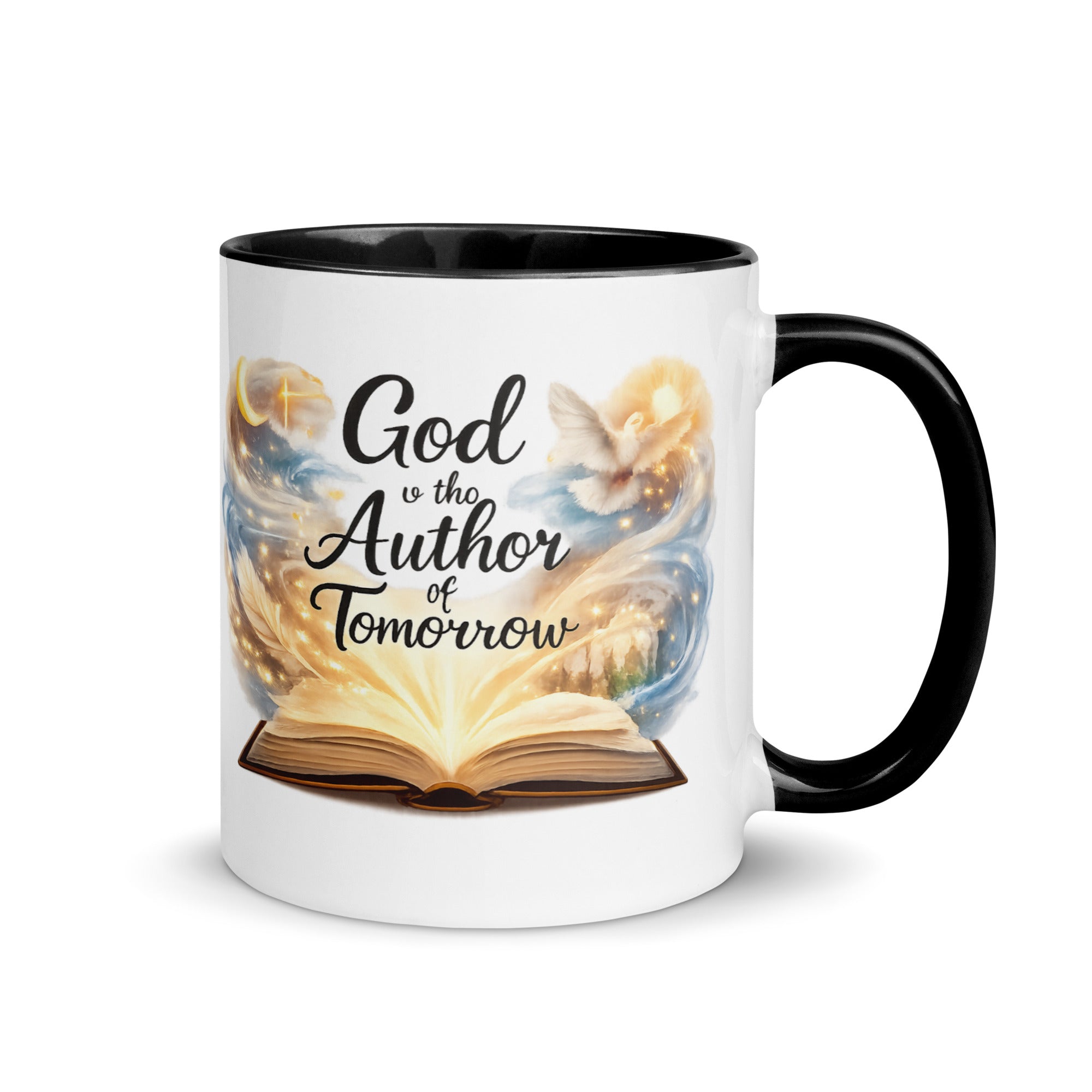 white ceramic mug with a black handle and rim, featuring an open glowing book with swirling artwork, a dove, and a crescent moon, along with the phrase God is the Author of Tomorrow." 