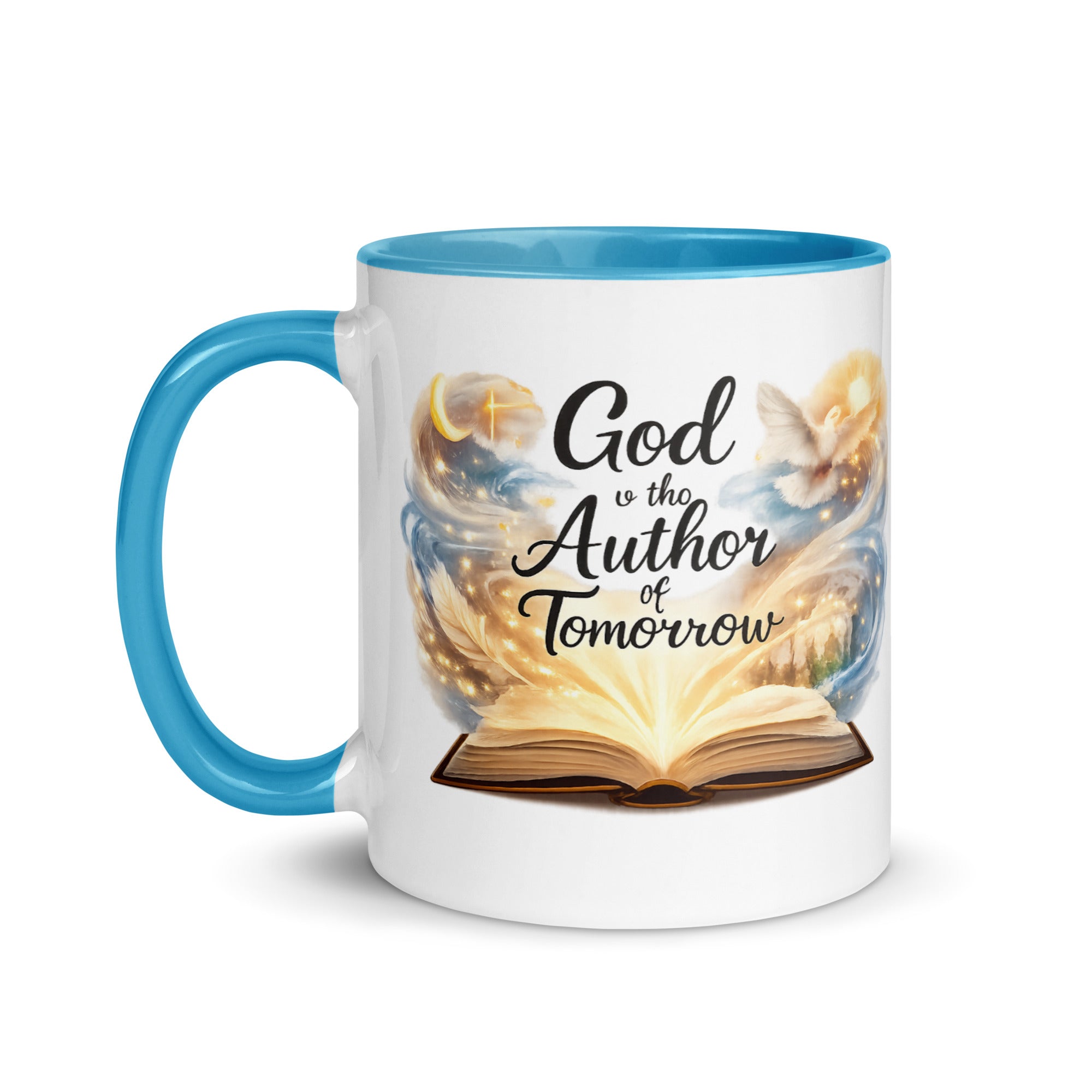 white ceramic mug with a blue handle and rim, featuring an open glowing book with swirling artwork, a dove, and a crescent moon, along with the phrase God is the Author of Tomorrow." 