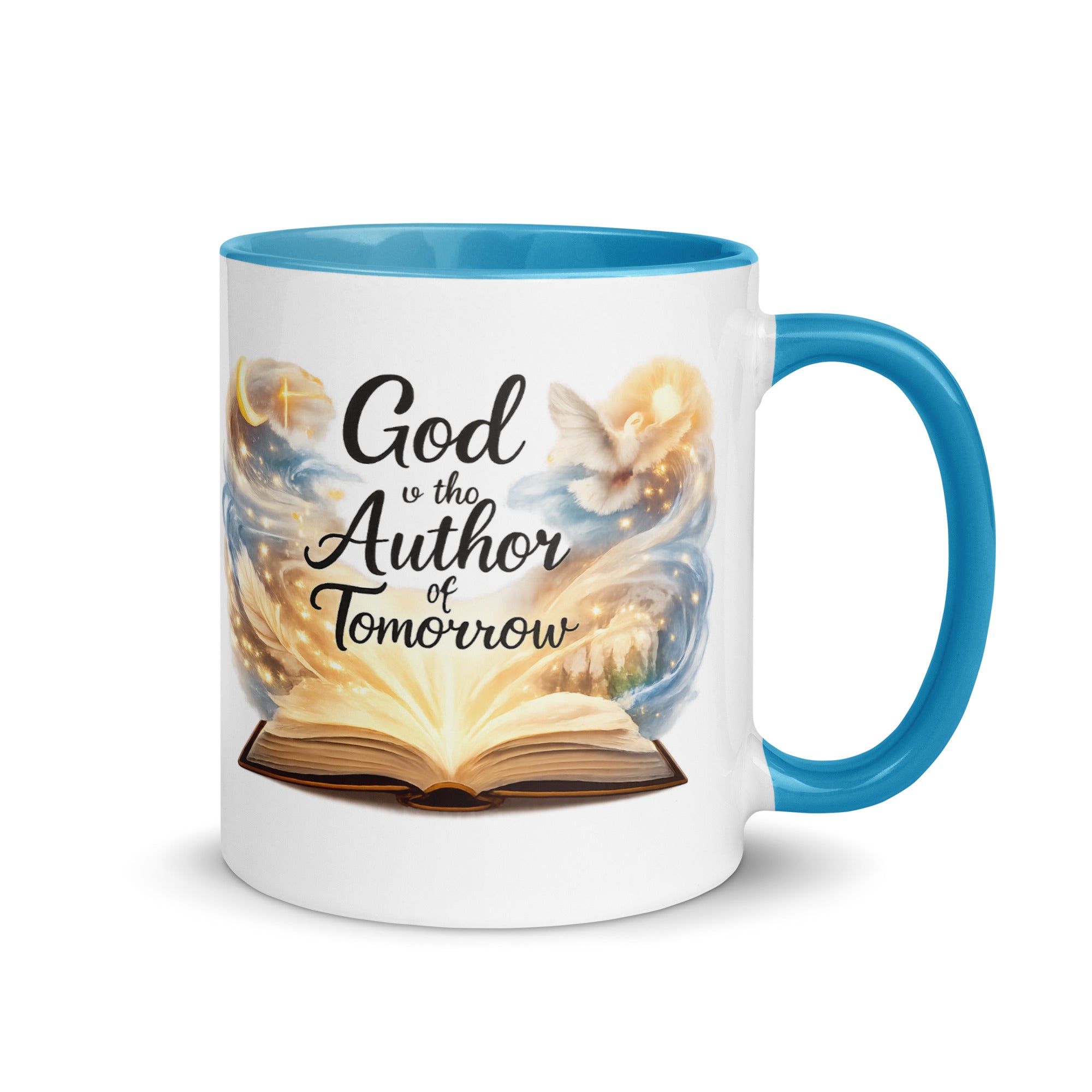 white ceramic mug with a blue handle and rim, featuring an open glowing book with swirling artwork, a dove, and a crescent moon, along with the phrase God is the Author of Tomorrow." 