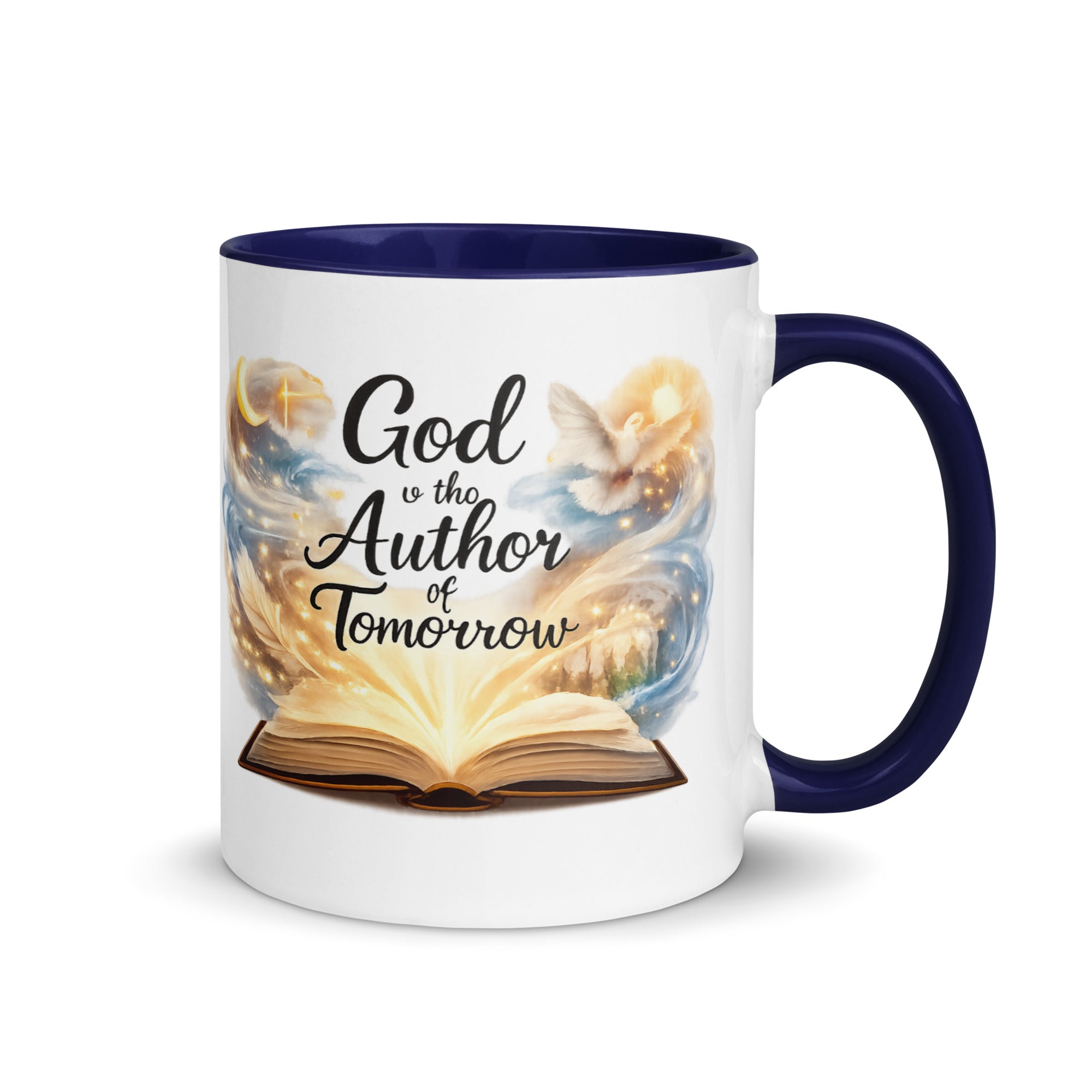 white ceramic mug with a navy handle and rim, featuring an open glowing book with swirling artwork, a dove, and a crescent moon, along with the phrase God is the Author of Tomorrow." 