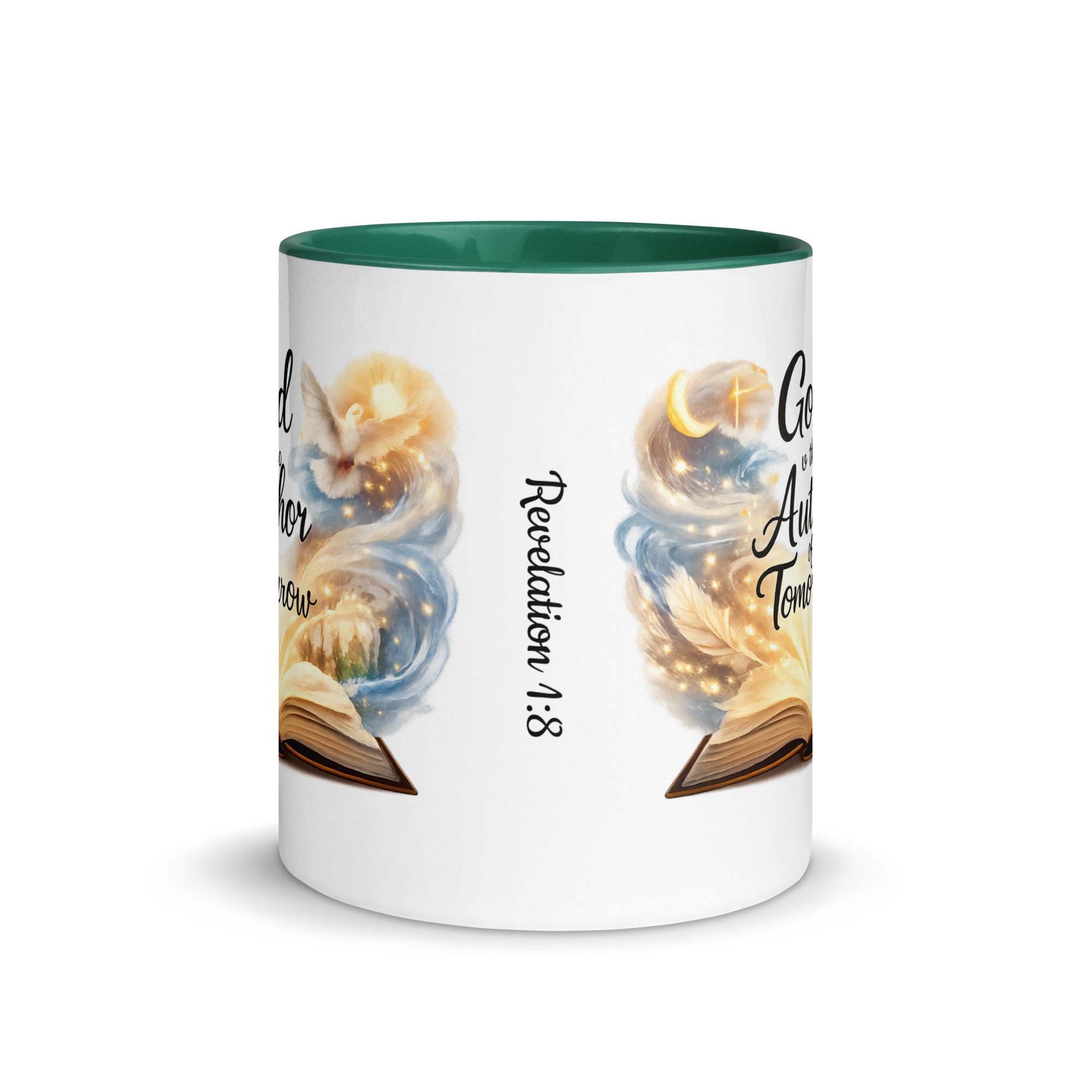 white ceramic Christian mug with a green interior, featuring an open glowing book with swirling artwork and doves on each side, along with the Bible reference "Revelation 1:8" printed vertically between the designs. 