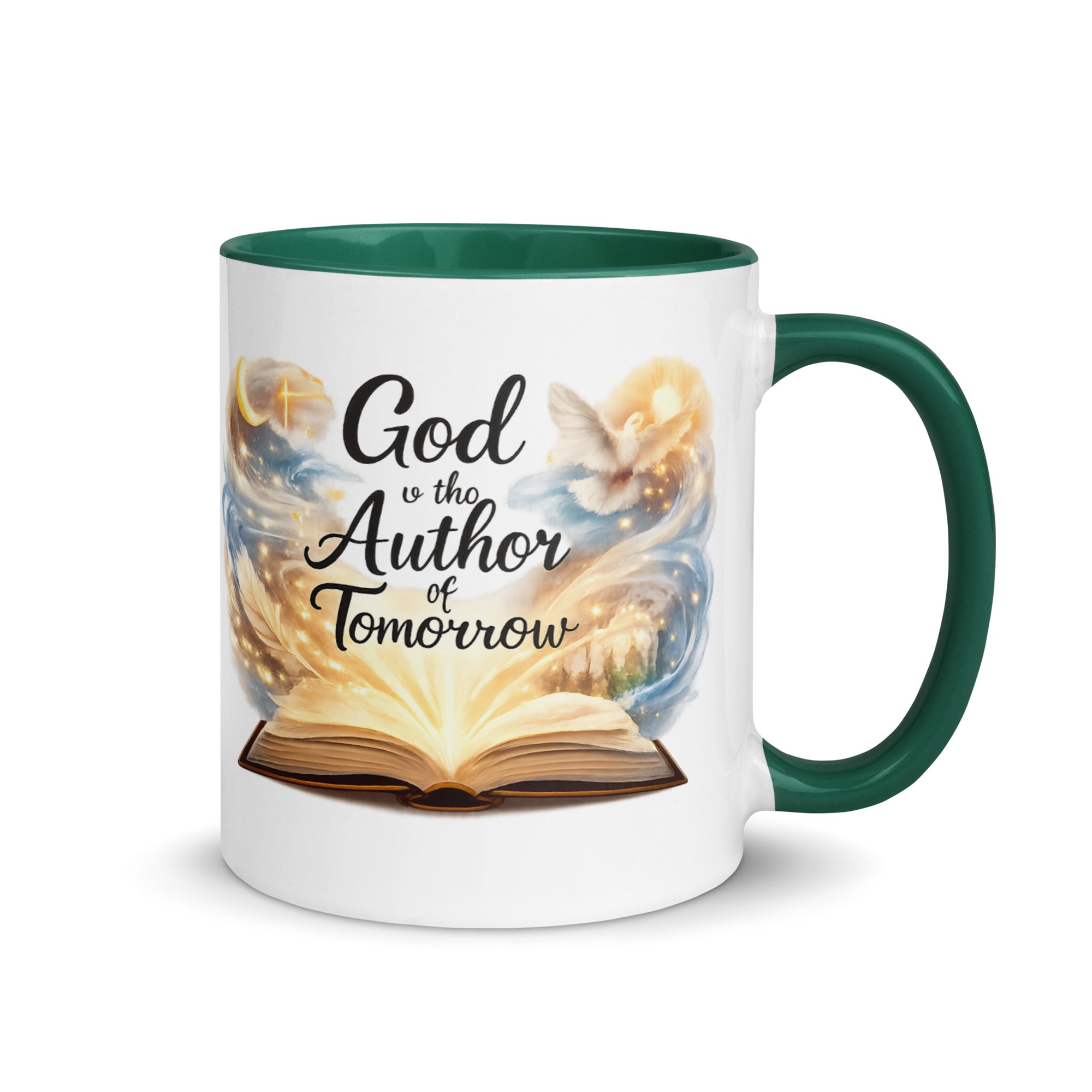 white ceramic mug with a green handle and rim, featuring an open glowing book with swirling artwork, a dove, and a crescent moon, along with the phrase God is the Author of Tomorrow." 