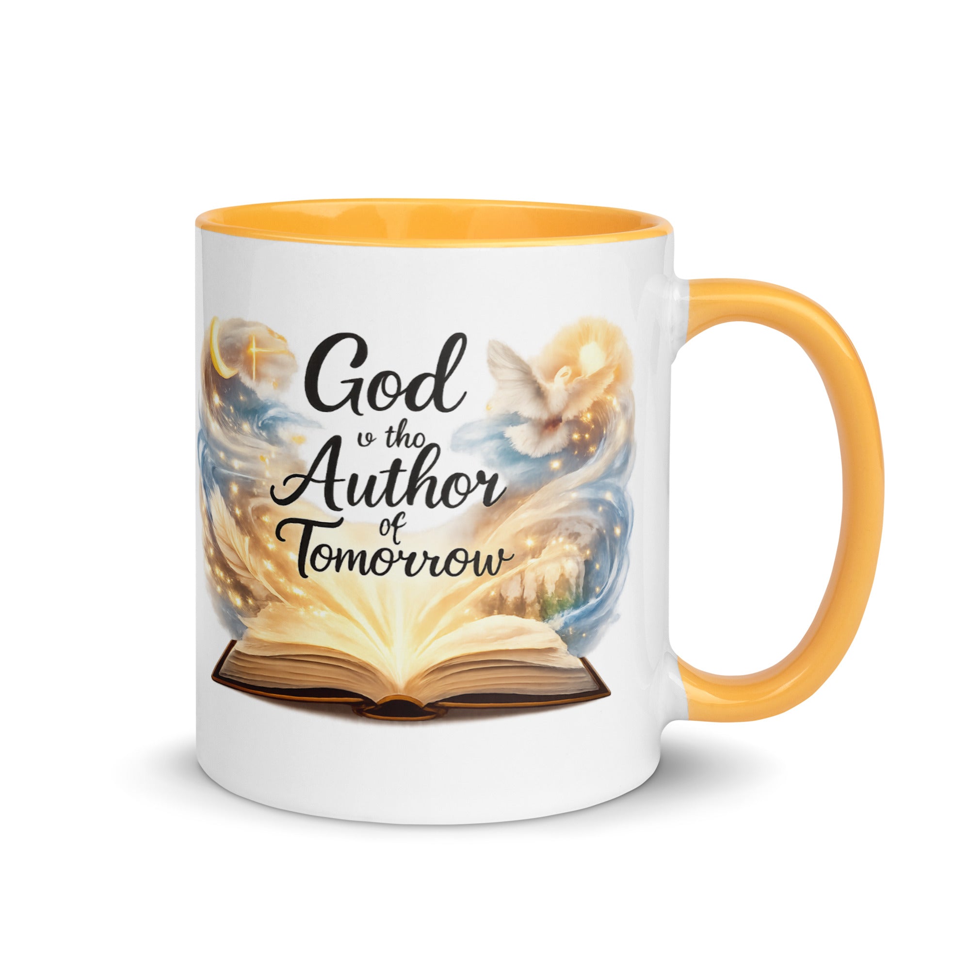 white ceramic mug with a yellow handle and rim, featuring an open glowing book with swirling artwork, a dove, and a crescent moon, along with the phrase God is the Author of Tomorrow." 