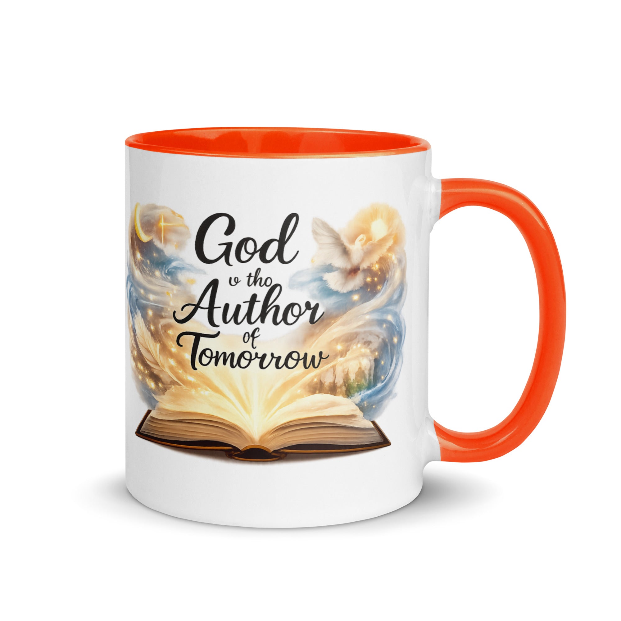 white ceramic mug with an orange handle and rim, featuring an open glowing book with swirling artwork, a dove, and a crescent moon, along with the phrase God is the Author of Tomorrow." 