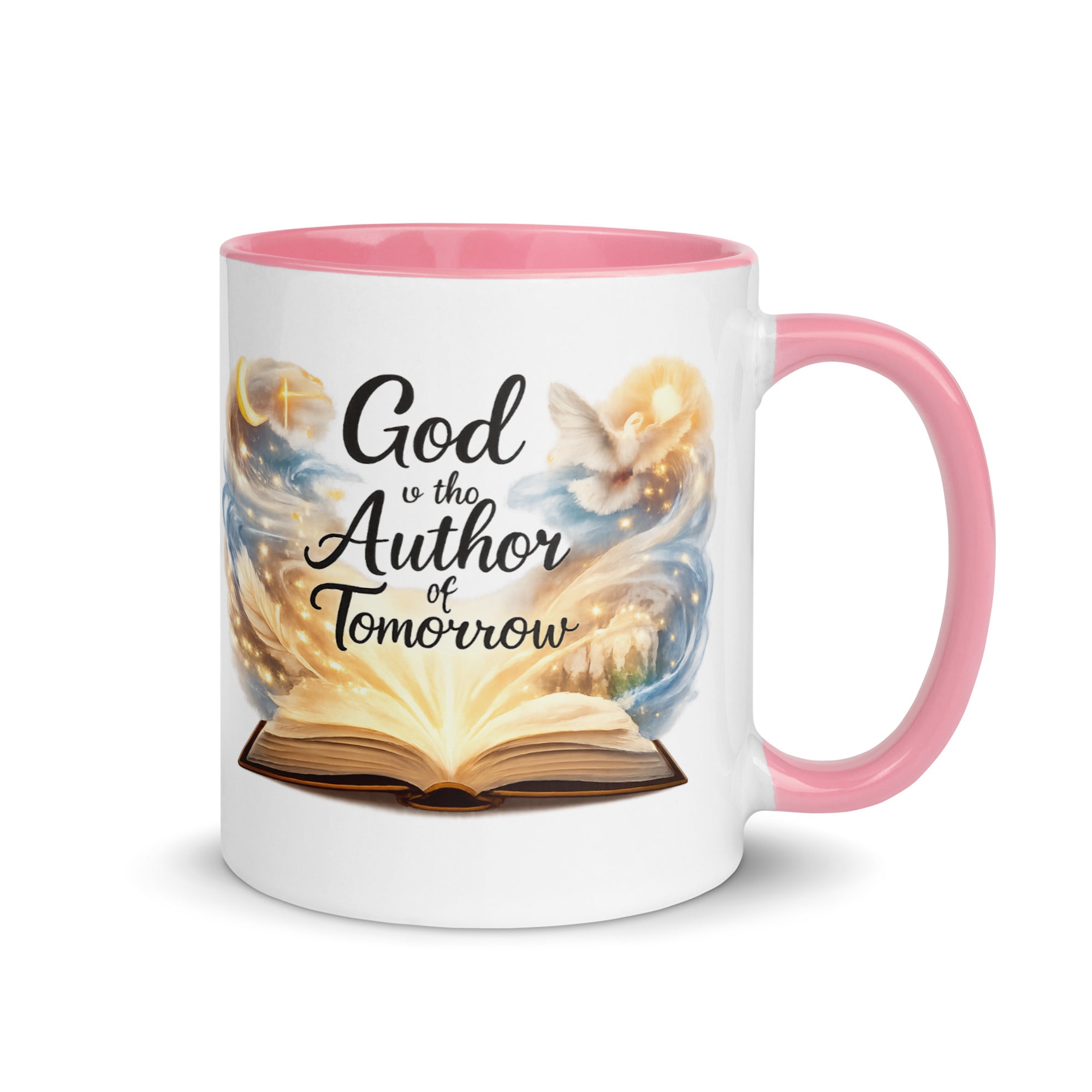 white ceramic mug with a pink handle and rim, featuring an open glowing book with swirling artwork, a dove, and a crescent moon, along with the phrase God is the Author of Tomorrow." 
