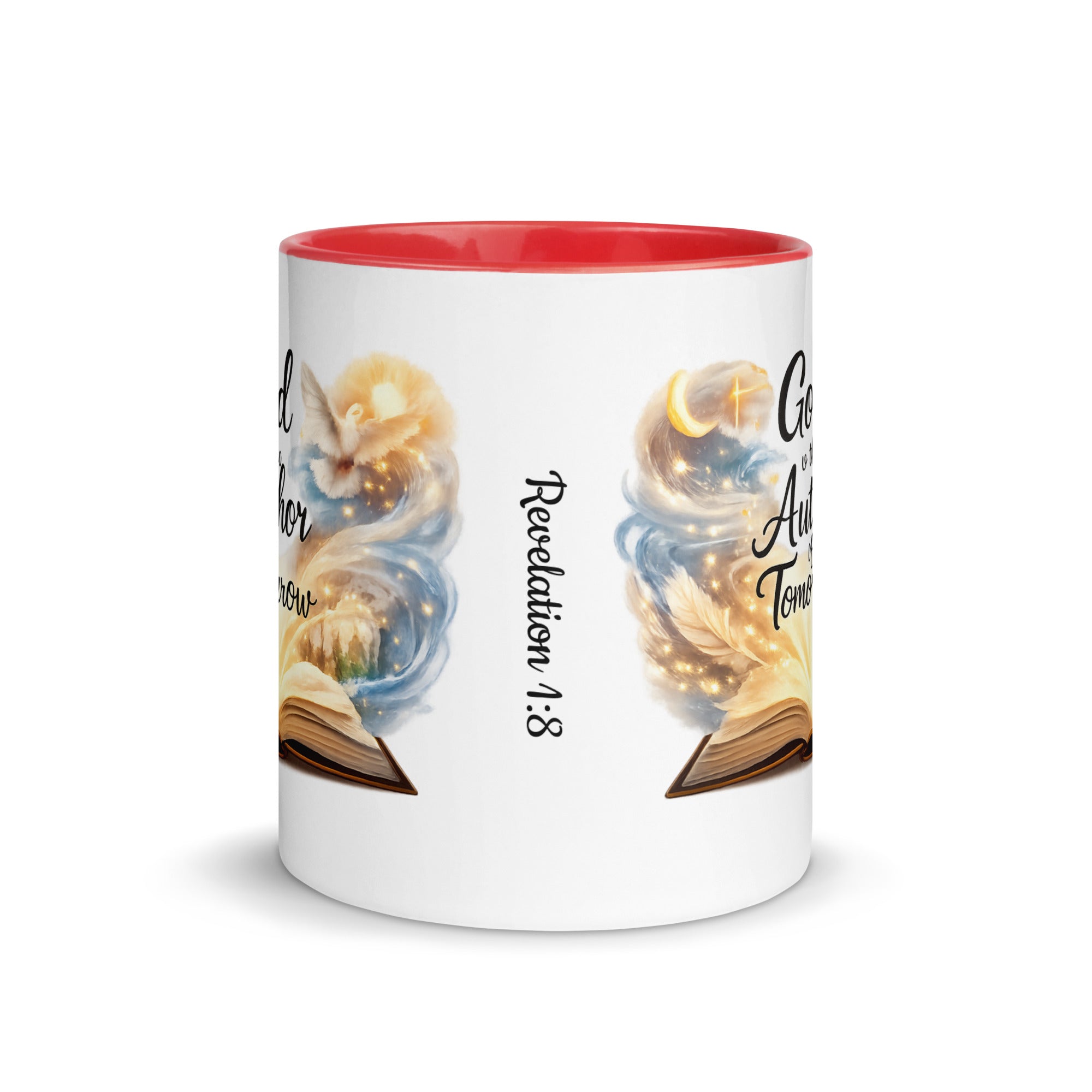 white ceramic Christian mug with a red interior, featuring an open glowing book with swirling artwork and doves on each side, along with the Bible reference "Revelation 1:8" printed vertically between the designs. 
