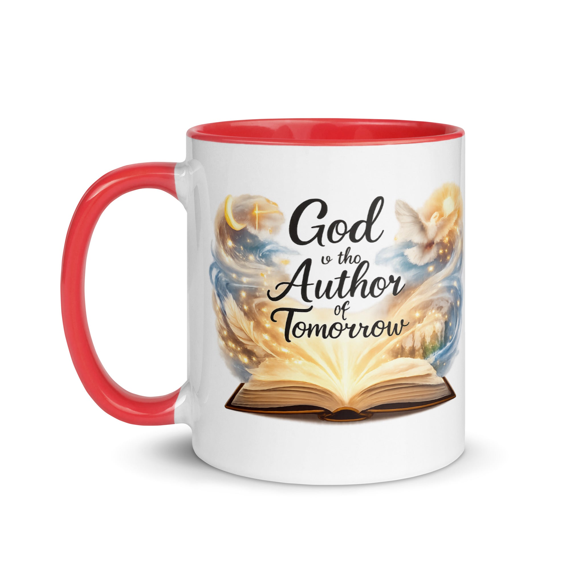 white ceramic mug with a red handle and rim, featuring an open glowing book with swirling artwork, a dove, and a crescent moon, along with the phrase God is the Author of Tomorrow." 