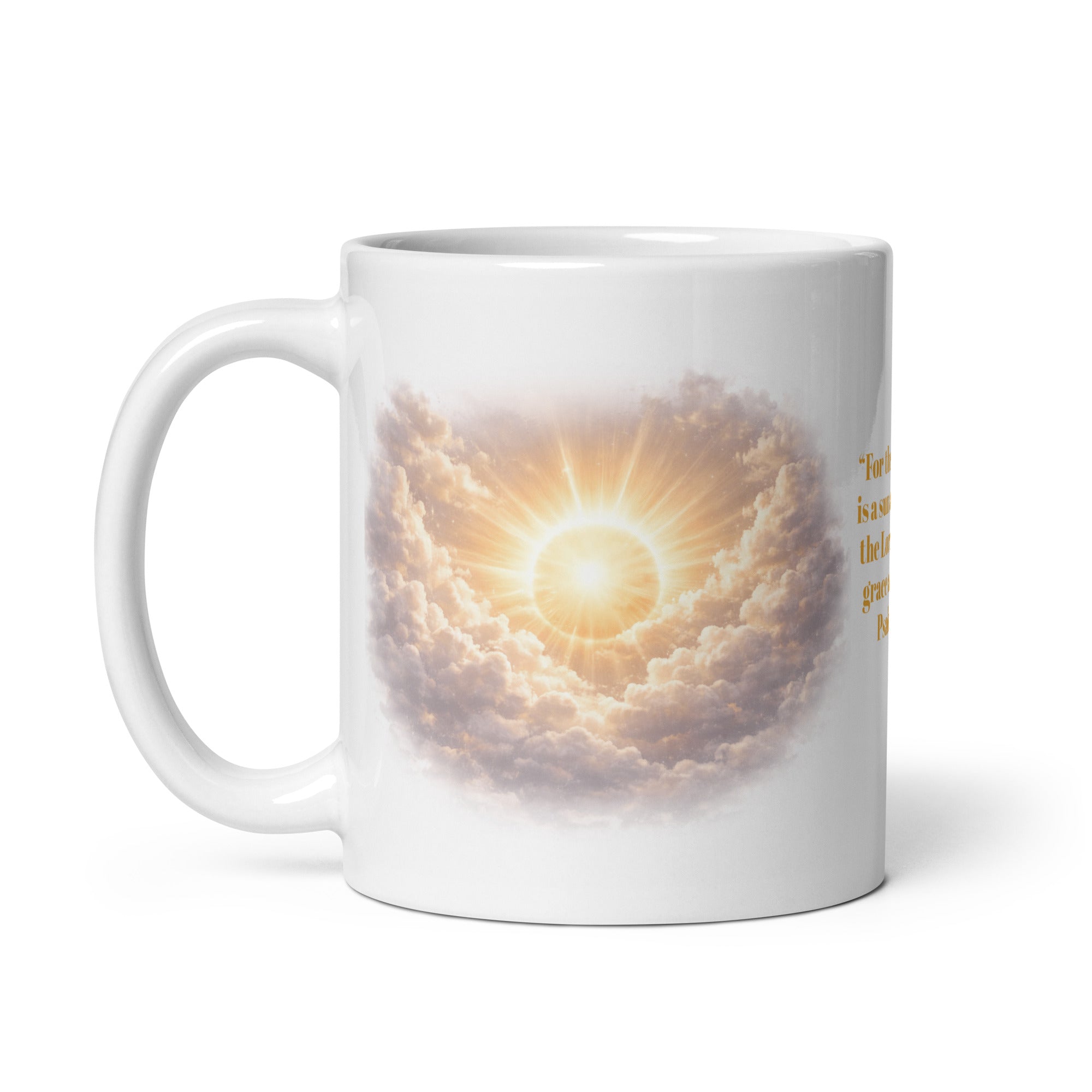 white ceramic mug featuring a radiant golden sun shing through soft clouds, creating a bright heavenly glow across the side of the mug. 