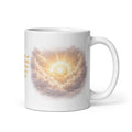 white ceramic mug featuring a radiant golden sun shing through soft clouds, creating a bright heavenly glow across the side of the mug. 