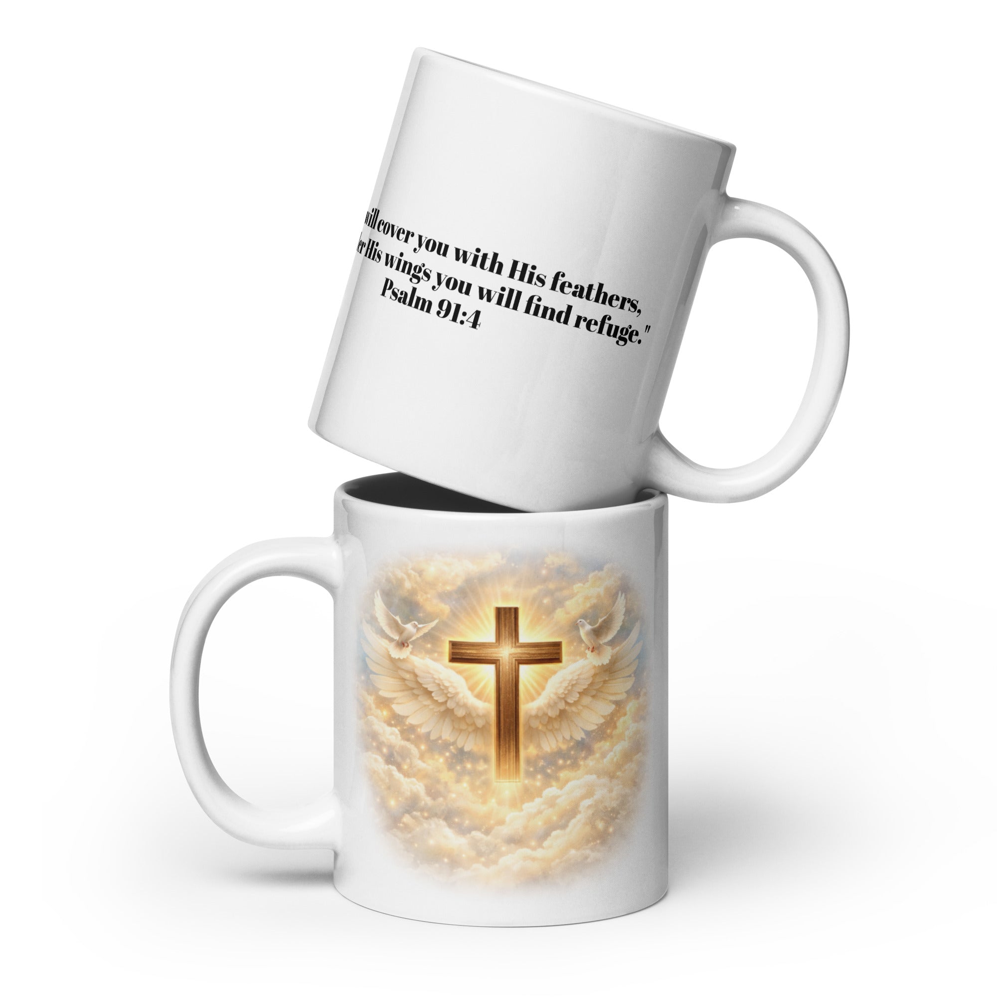 white ceramic Christian mug featuring a glowing gold cross with angel wings and clouds on one side, and the Bible verse "He will cover you with His feathers, and under His wings you will find refuge. Psalm 91:4 printed on the other side. 