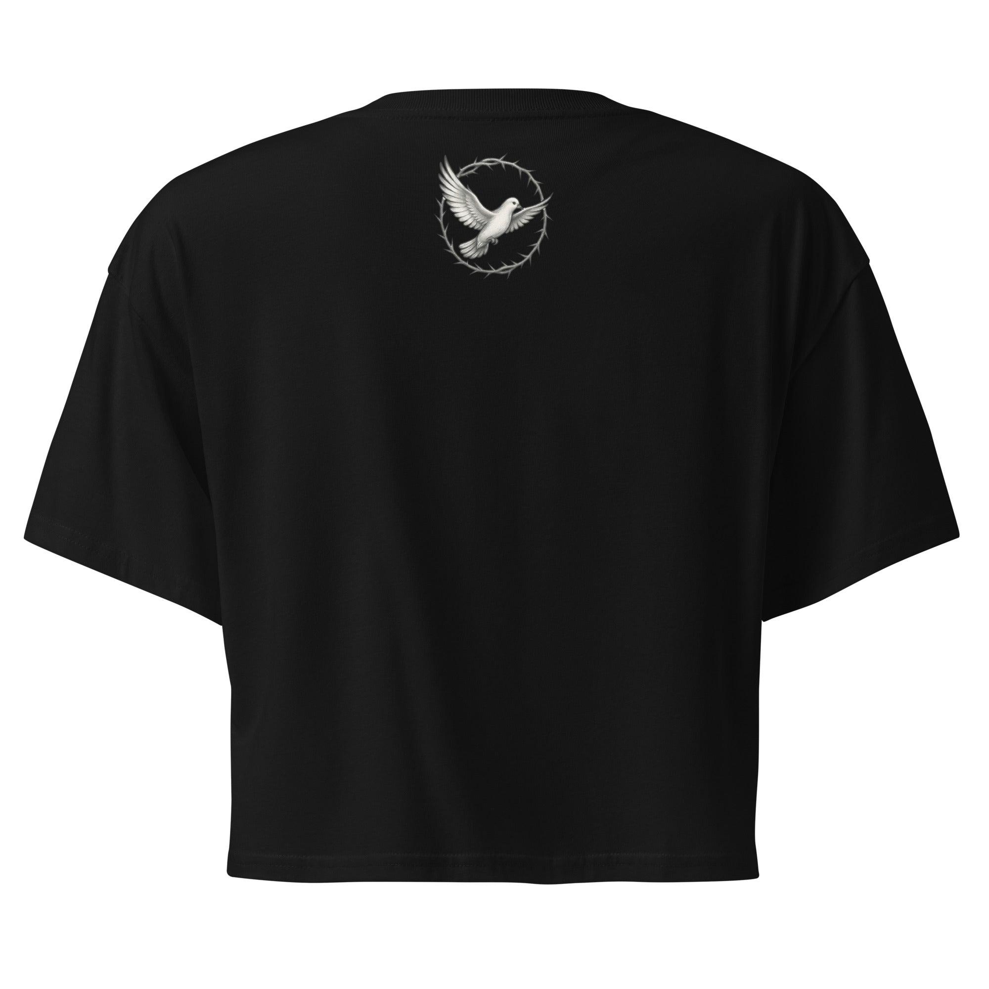 back of a black cropped Christian t-shirt featuring a small white dove centered between the shoulders surrounded by a circular crown of thorns design. 