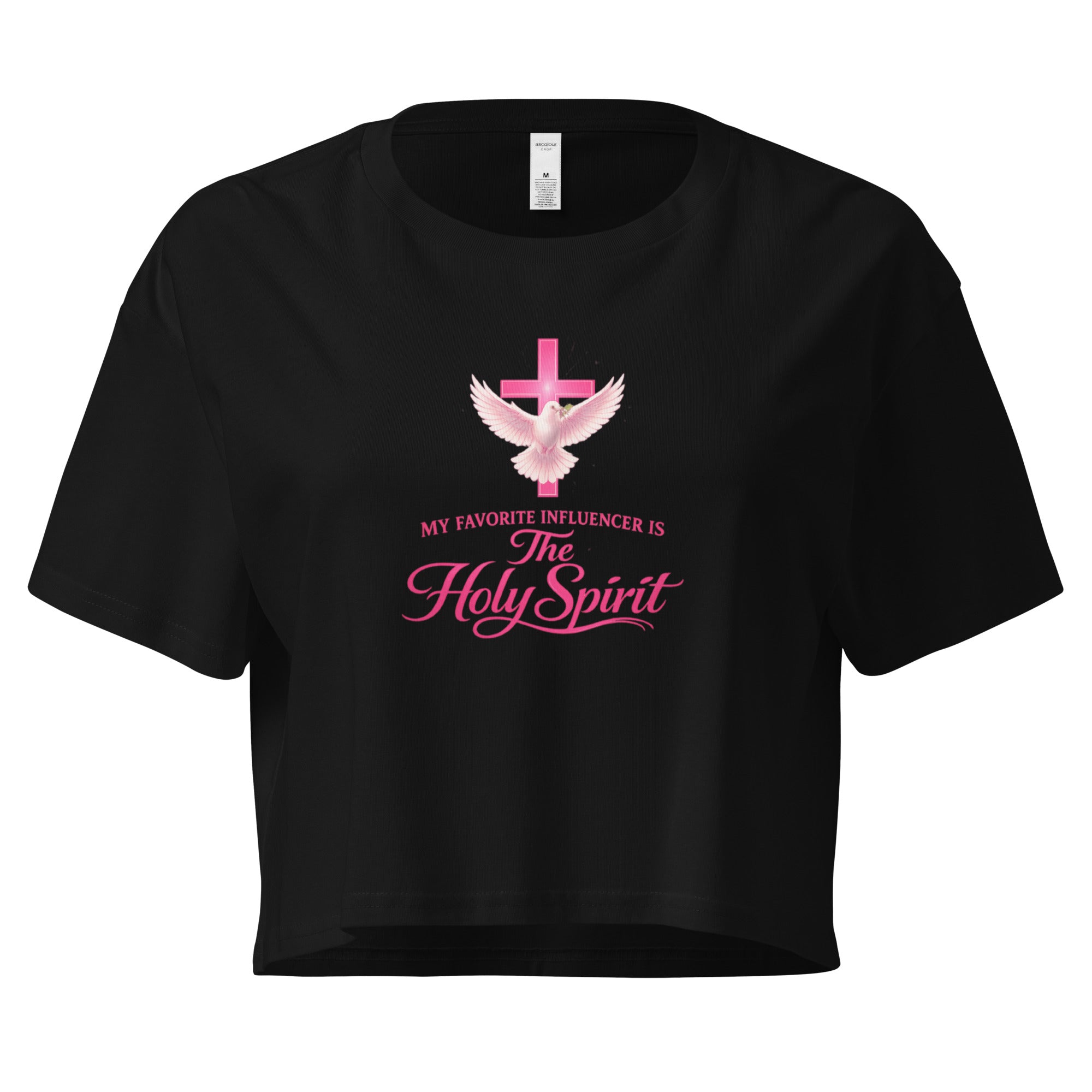 Black cropped Christian t-shirt with a pink cross and white dove graphic, featuring the phrase "My favorite influencer is The Holy Spirit" in pink lettering across the front. 