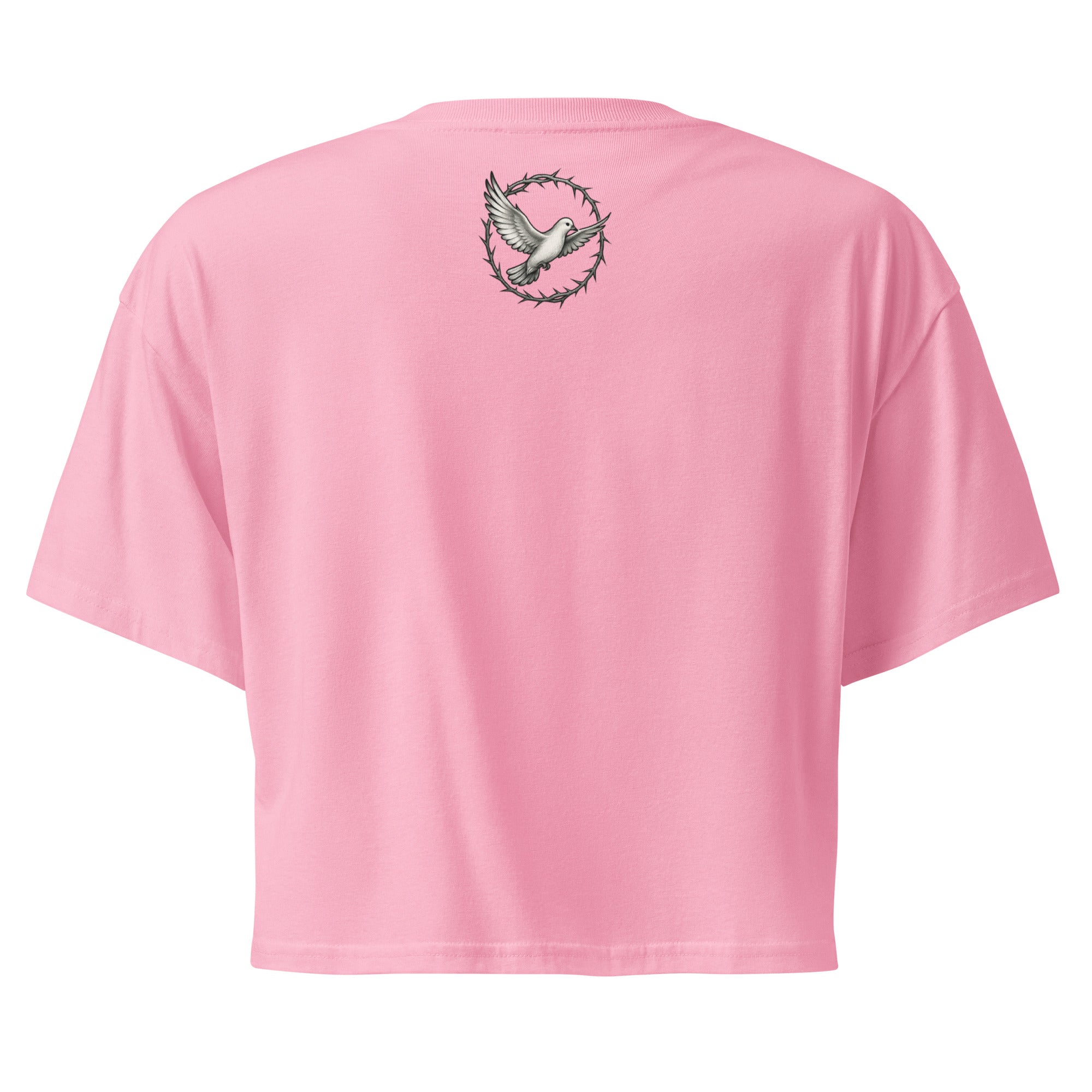  back of a bubblegum pink cropped Christian t-shirt featuring a small white dove centered between the shoulders surrounded by a circular crown of thorns design.