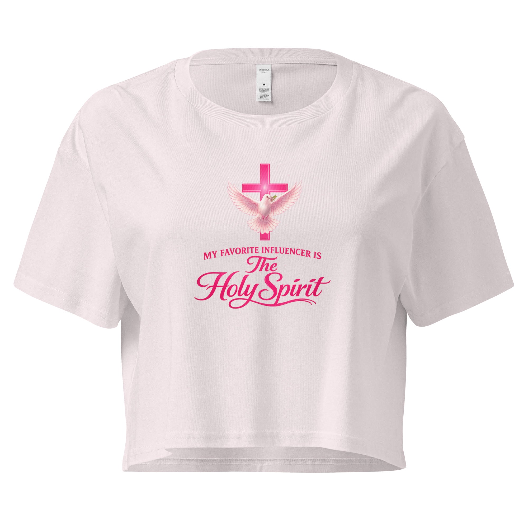  orchid pink cropped Christian t-shirt with a pink cross and white dove graphic, featuring the phrase "My favorite influencer is The Holy Spirit" in pink lettering across the front.