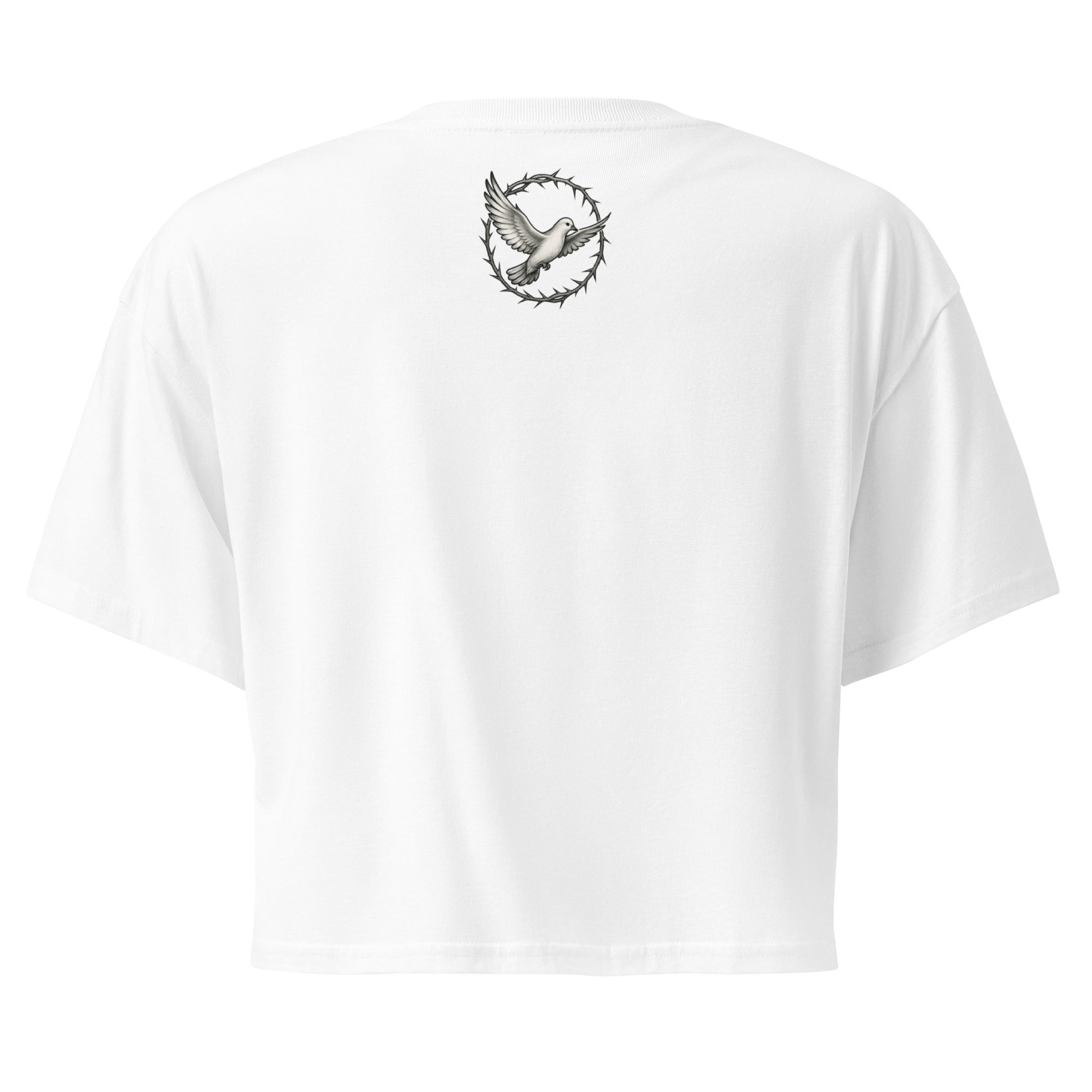 back of a white cropped Christian t-shirt featuring a small white dove centered between the shoulders surrounded by a circular crown of thorns design.