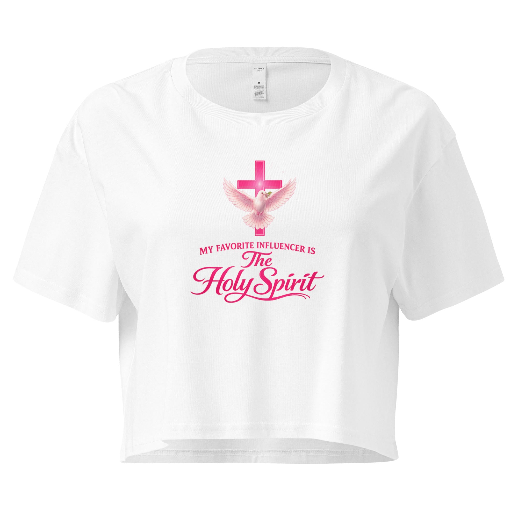  white cropped Christian t-shirt with a pink cross and white dove graphic, featuring the phrase "My favorite influencer is The Holy Spirit" in pink lettering across the front.